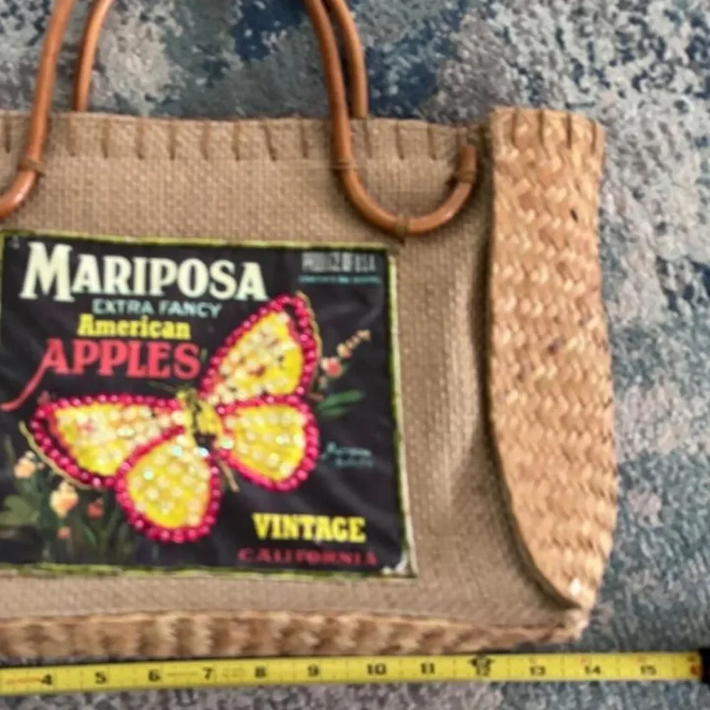 Handmade Woven Straw Handbag Mariposa Apples Butterfly Purse Tote